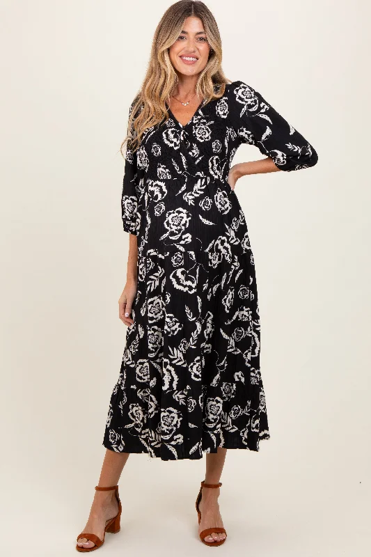 Super Savings casual dressBlack Floral Smocked Tiered Maternity Dress