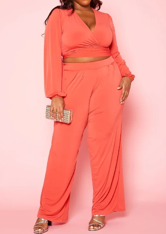 Daily Deals HI Curvy Plus Size Women Wrap Crop Top & Wide Pants Set