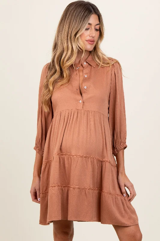 Price Slash floral midi dressCamel Collared Tiered Maternity Dress