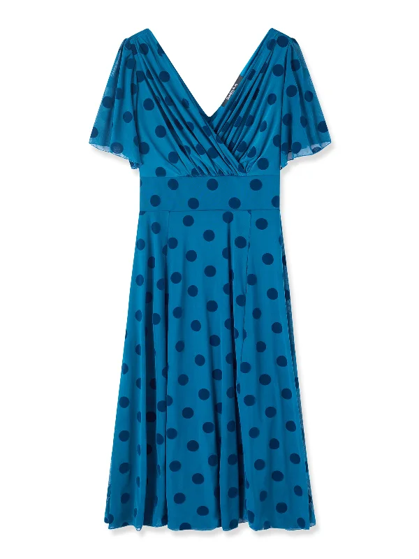 Closeout Sale casual midi dressVictoria Teal Velvet Flock Angel Sleeve Mesh Long Midi Dress