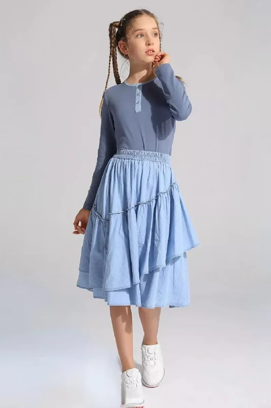 Anniversary Sale Girls Teen Kids Midi Ruffles Denim Skirt Cotton Summer Jersey Top Patchwork Denim Neck Mommy and Daughter