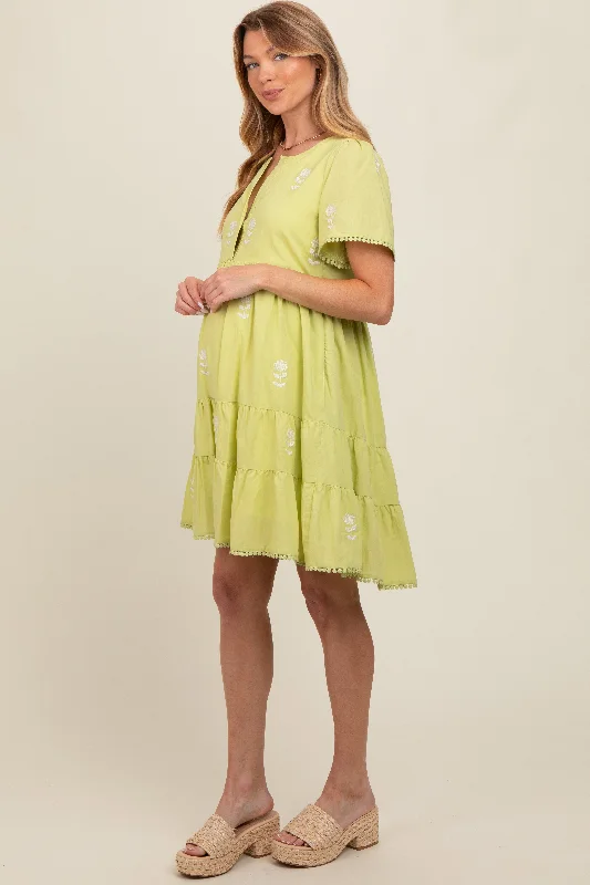 Mega Deal lace-up dressLime Embroidered Split Neck Maternity Dress