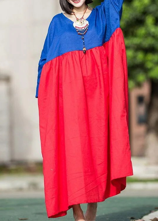 Today Only casual slip dressNatural red blue linen Robes patchwork o neck Plus Size summer Dresses