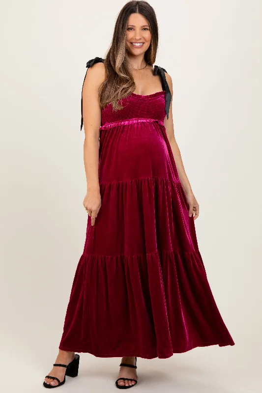 Buy Now winter dressBurgundy Velvet Smocked Satin Shoulder Tie Maternity Maxi Dress
