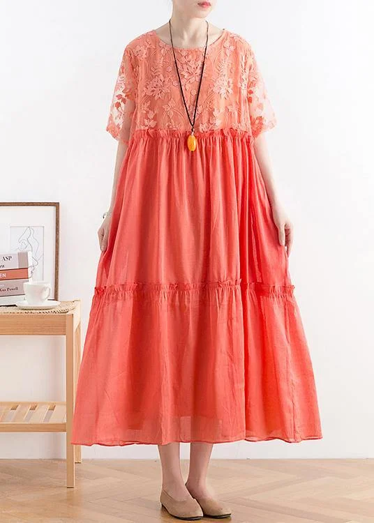 Extra Savings chic shift dressModern orange cotton Tunic organza patchwork o neck long summer Dresses