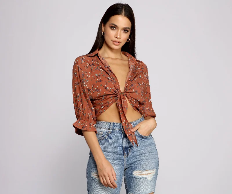 Flash Deals Floral Charm Tie Front Top
