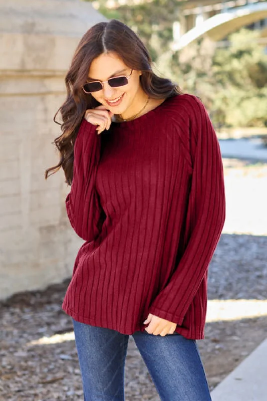 Reduced Prices Basic Bae Full Size Ribbed Round Neck Long Sleeve Knit Top