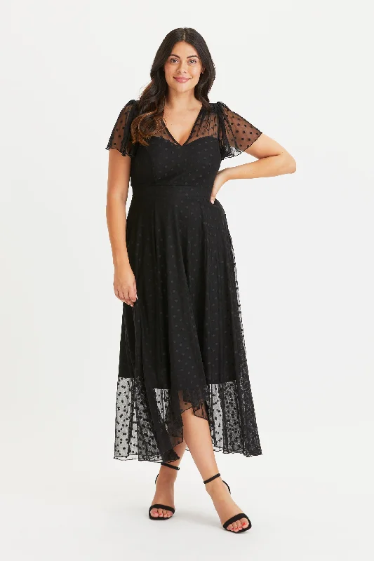 Quick Sale comfy maxi dressTilly Black Dobby Spot Angel Sleeve Sweetheart Dress