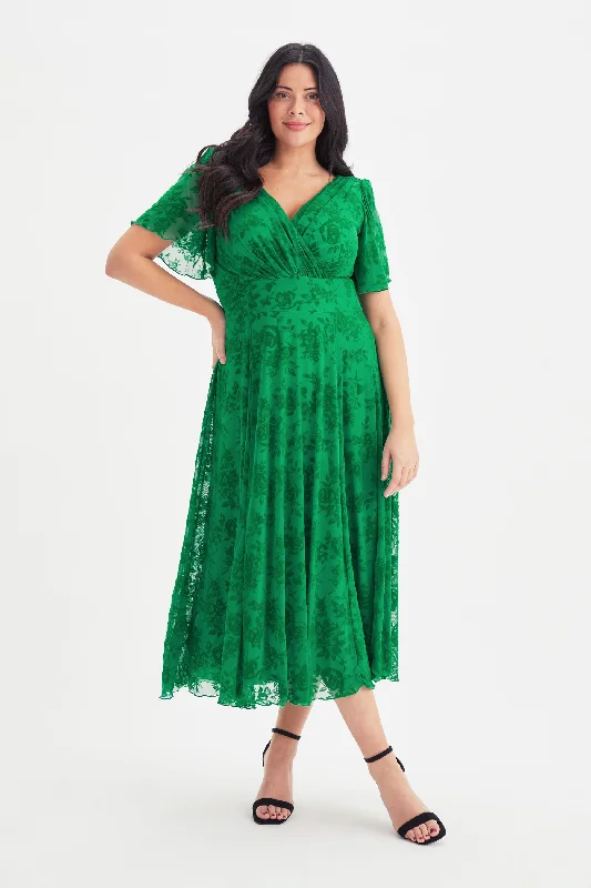 Steals and Deals cocktail dressVictoria Green Velvet Flock Angel Sleeve Mesh Midi Dress
