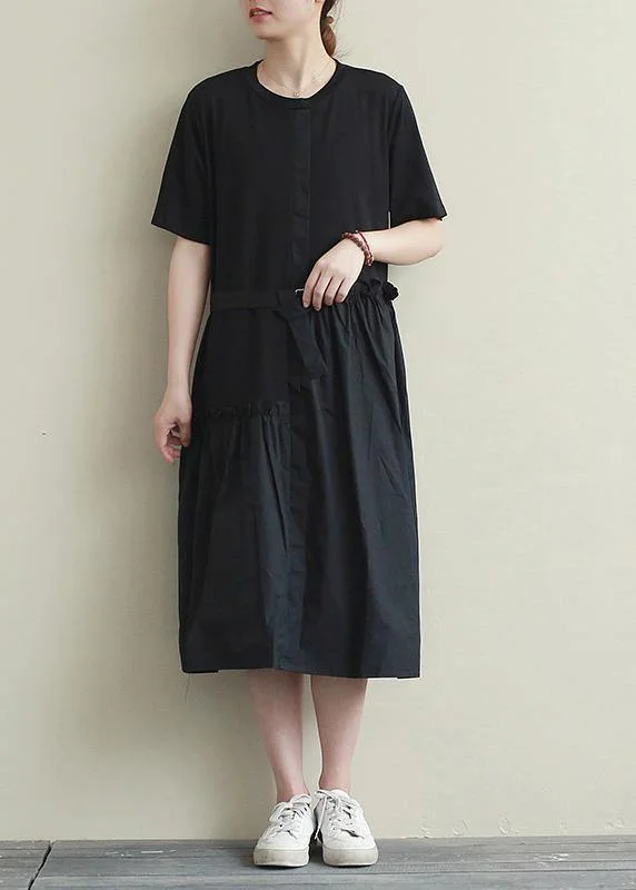Clearance Event satin dressNatural o neck patchwork summer top Outfits black long Dress