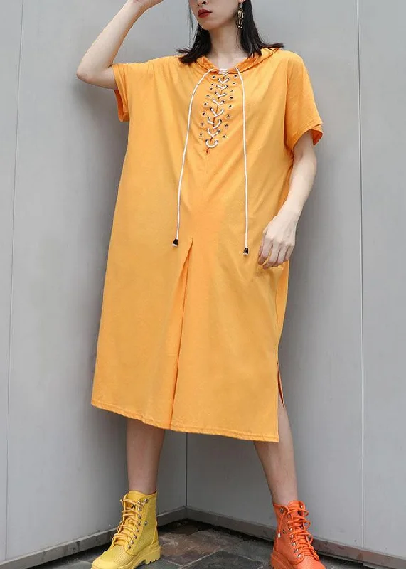 Lowest Price formal dressItalian yellow hooded cotton dresses side open long summer Dress