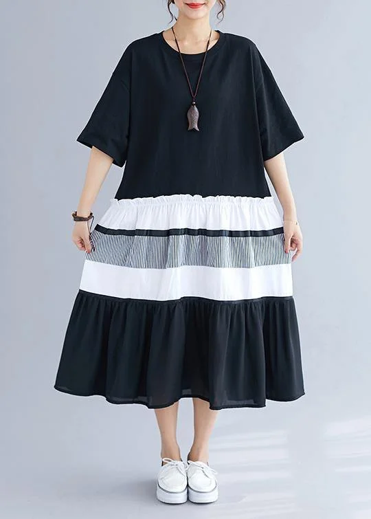 Flash Sale casual evening dressElegant black patchwork cotton tunics for women o neck long summer Dress