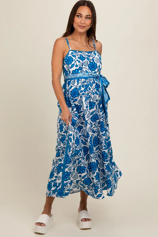 Clearance Sale casual shift dressBlue Floral Crochet Accent Waist Tie Maternity Dress