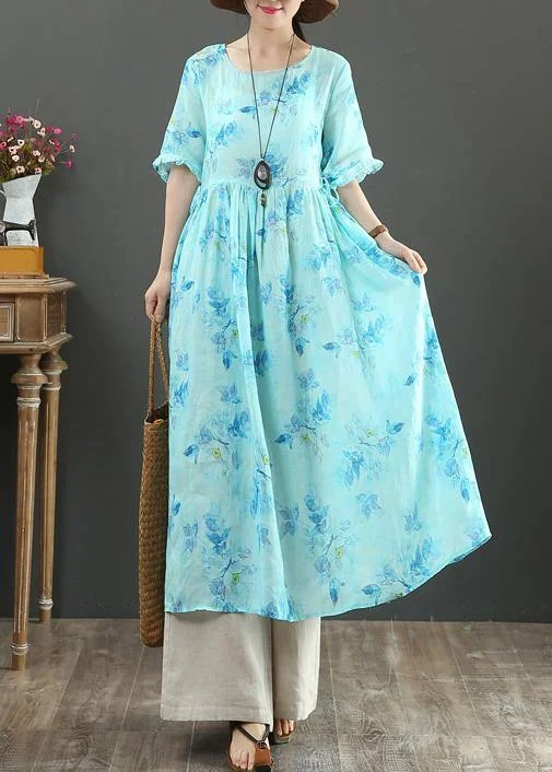 Friends and Family Sale casual shift dress100% o neck Cinched linen summer dresses design blue print Dresses