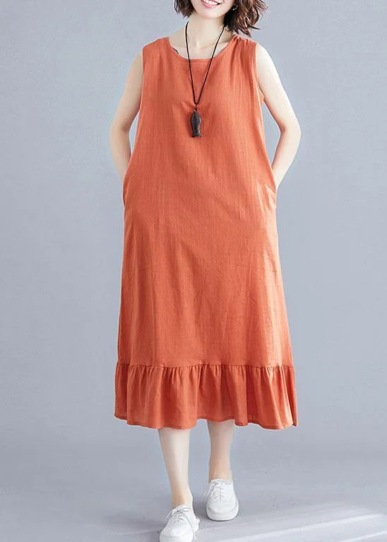 Price Reduction chic shift dressFrench orange linen cotton quilting clothes o neck sleeveless Love summer Dress