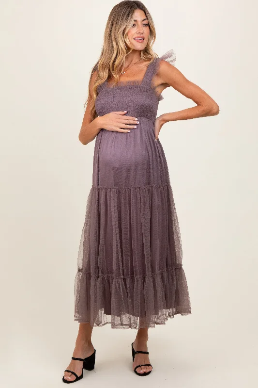Special Buy wrap dressMauve  Mesh Overlay Smocked Maternity Midi Dress