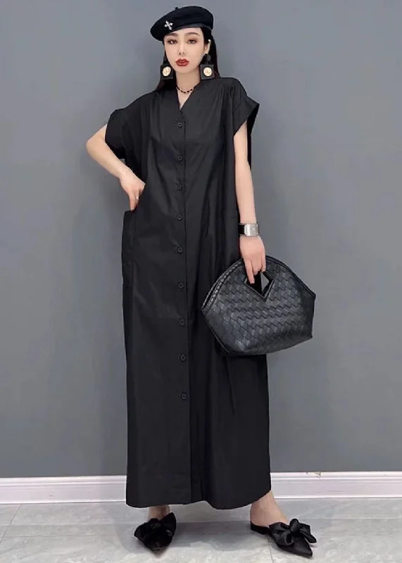 Price Reduction modern dressModern Black Solid V Neck Button Pockets Cotton Long Shirt Dresses Short Sleeve