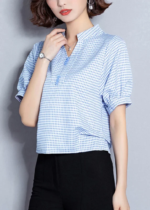 Must-Have Deals Plus Size Light Blue Plaid Button Chiffon Shirt Top Summer LY0415