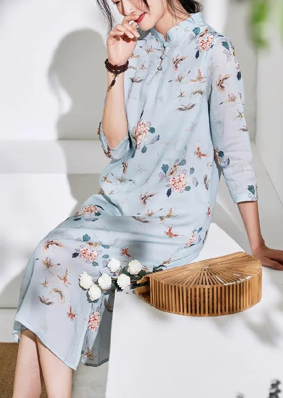 YEAR-End Sale one-shoulder dressOrganic light blue linen clothes stand collar half sleeve loose summer Dress