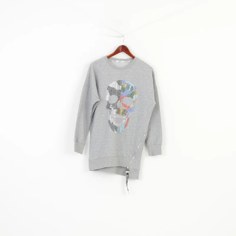 Sale Event Bright Girl Woman L Shirt Gray Cotton Longsleeve Sequins Skull Graphic Zipper Cotton Blouse