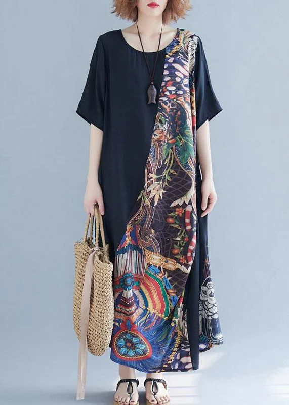 Overstock elegant evening dressChic o neck patchwork cotton summer dresses Photography black Robe Dress