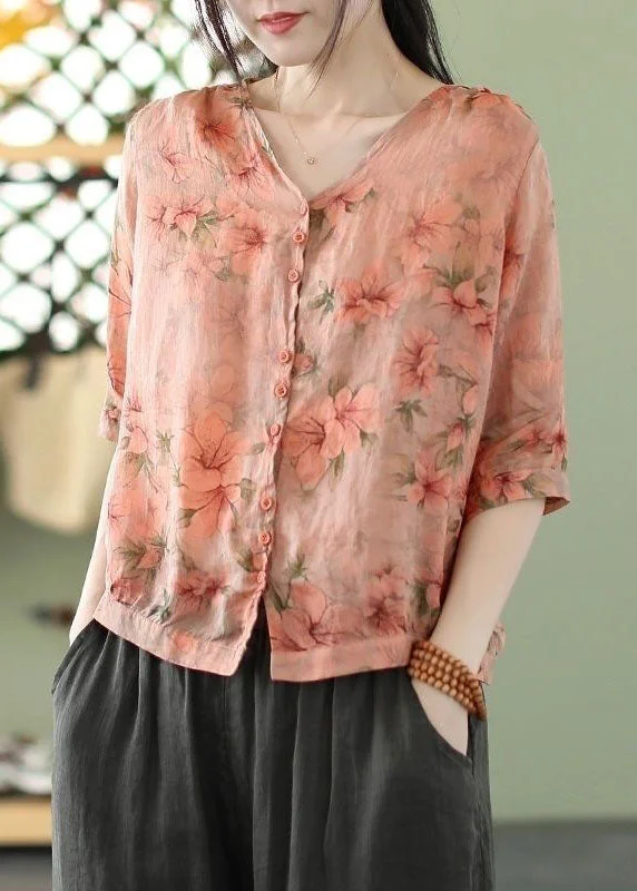 Massive Deals Pink Print Linen Shirt Tops V Neck Oversized Summer FR2002
