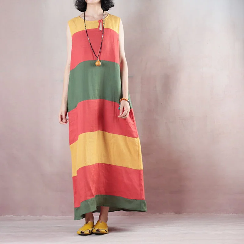 Extra Savings casual evening dressNew multicolor striped linen maxi dress trendy plus size O neck linen maxi dress Fine Sleeveless baggy dresses