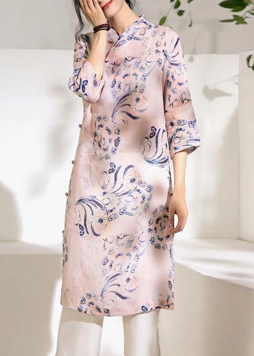 Sneak Peek Sale satin midi dressNatural stand collar Chinese Button linen summer dresses Work Outfits pink print Dress