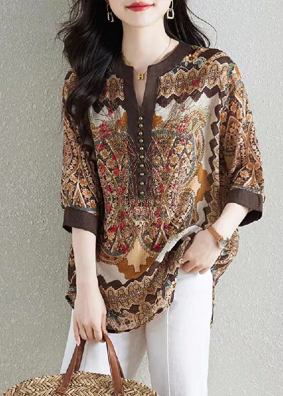 Weekend Deal Style Khaki V Neck Print Patchwork Chiffon Shirt Tops Summer F4104