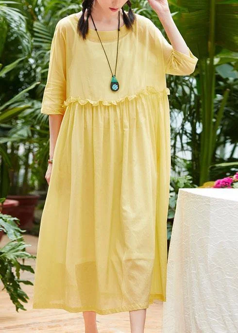 Huge Savings midi dressHandmade yellow cotton linen clothes o neck half sleeve Maxi summer Dresses