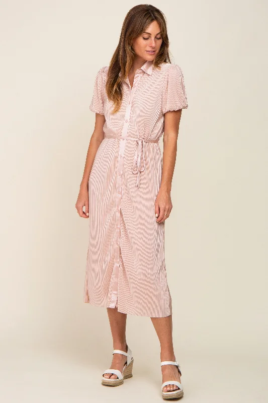 Unmissable Offer chic dressLight Pink Pleated Button-Down Collared Midi Dress
