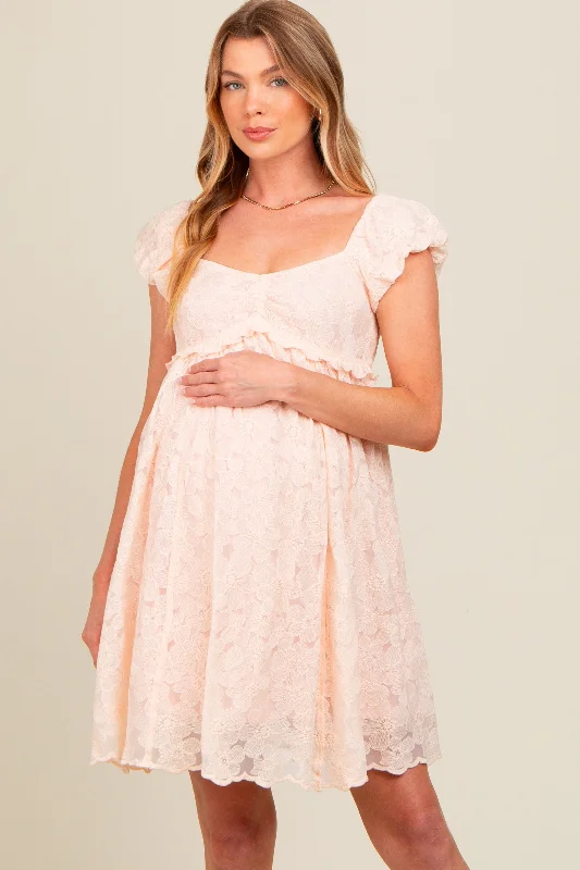 Reduced Prices fitted bodycon dressLight Pink Floral Lace Embroidered Puff Sleeve Maternity Dress