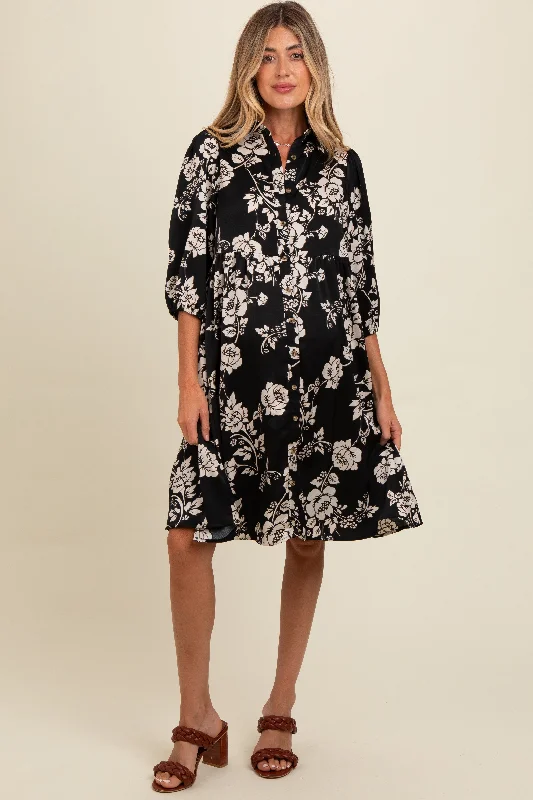 Big Discounts satin dressBlack Floral Button Down Collared Maternity Dress