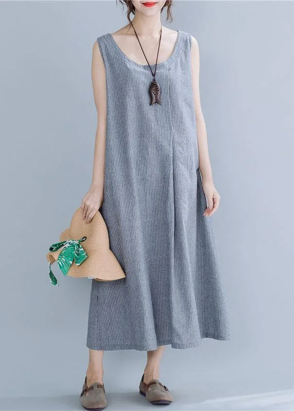 Today's Special party-ready dressNatural gray striped linen cotton quilting clothes o neck sleeveless Maxi summer Dress