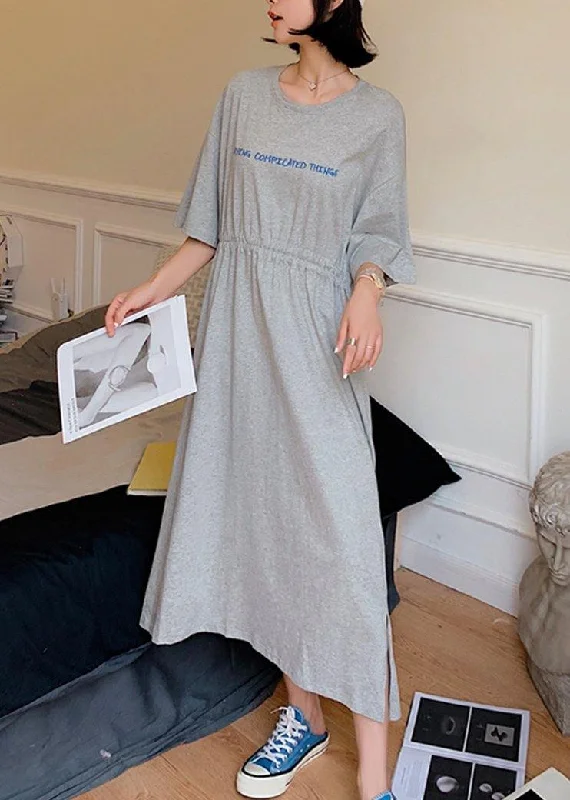 Hurry In boho-chic dressFrench o neck cotton outfit Fabrics gray drawstring loose Dress summer