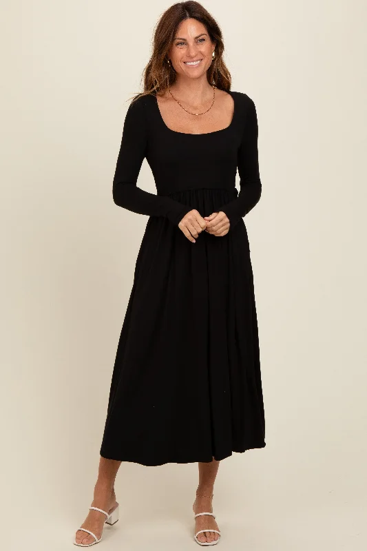Limited Time party-ready dressBlack Square Neck Long Sleeve Midi Dress