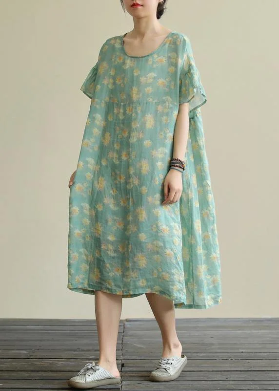 Buy More, Save More chic wrap dressBeautiful green print linen clothes o neck loose summer Dresses