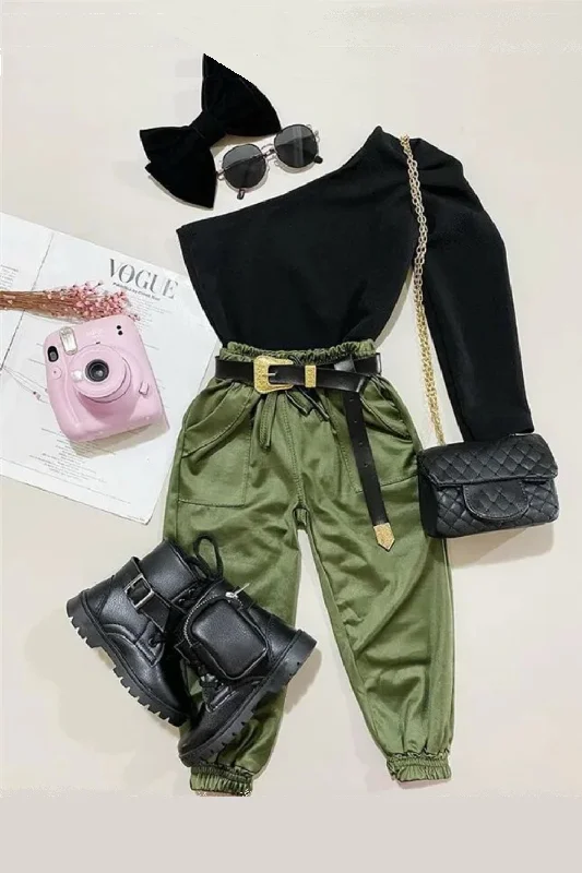 Sneak Peek Sale Autumn Children Girls Clothing Sets Solid One-Shoulder Long Sleeve Tops+Elastic Waist Pants 2pcs Casual Outfits