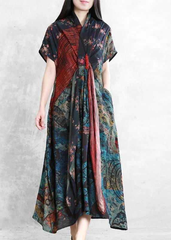 Price Reduction wrap dressArt floral linen dresses v neck asymmetric robes Dresses