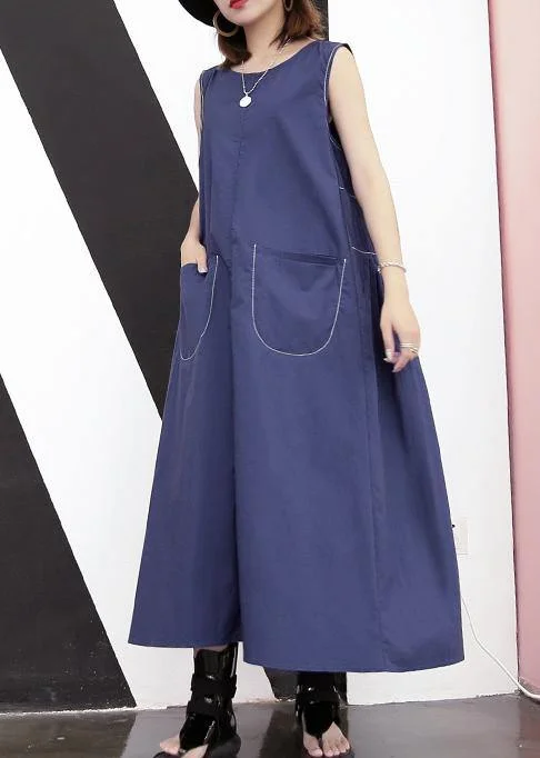 Time-Limited Offer bohemian dressElegant blue cotton o neck pockets loose Dress