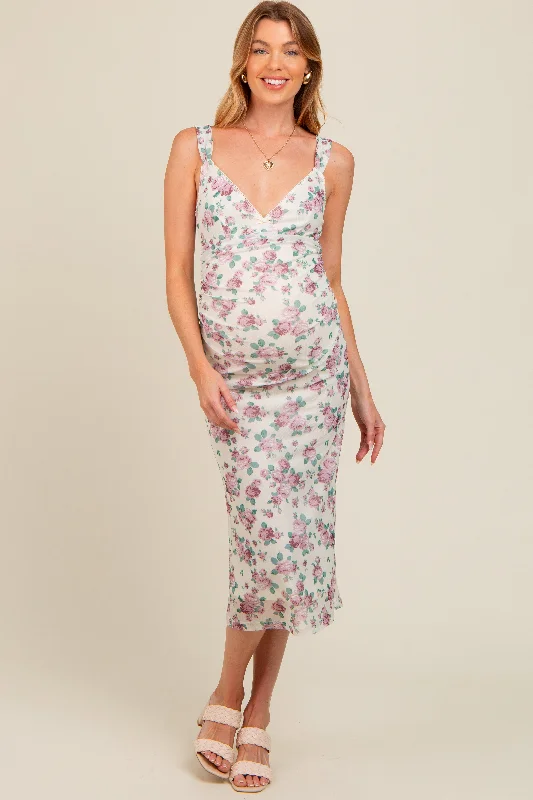Price Rollback stylish party dressCream Floral Mesh Lace Top Maternity Dress