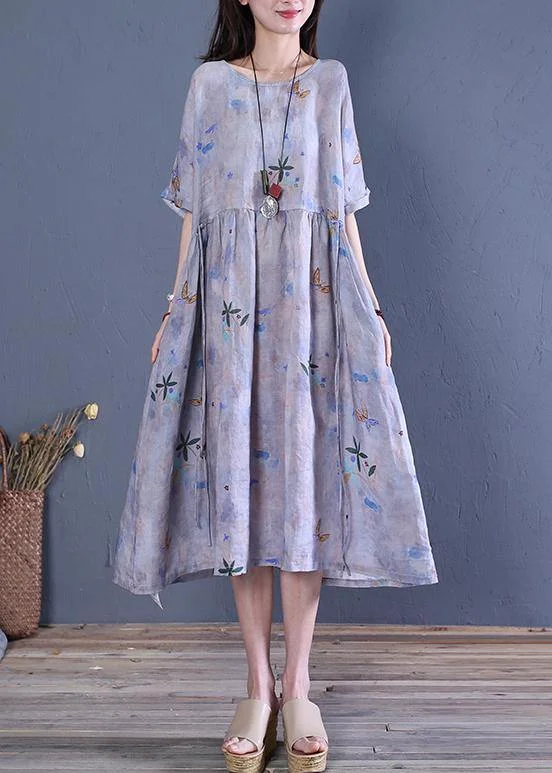 Deal Mania luxury dressNatural o neck tie waist linen clothes For Women Fabrics gray print Dresses