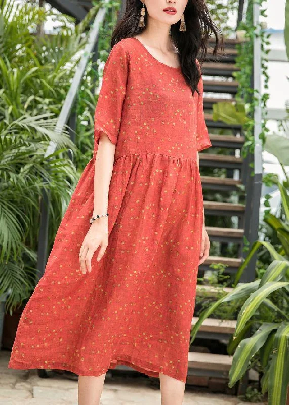 Special Savings t-shirt dressFrench red dotted linen dresses o neck patchwork long summer Dress