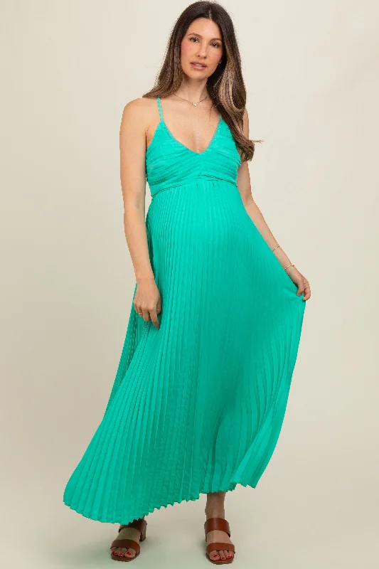 Can't Miss office dressTurquoise Pleated Back Cutout Tie Maternity Maxi Dress