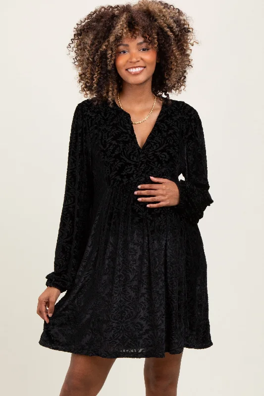 Price Buster high-waisted dressBlack Velvet Damask Print Long Sleeve Maternity Mini Dress