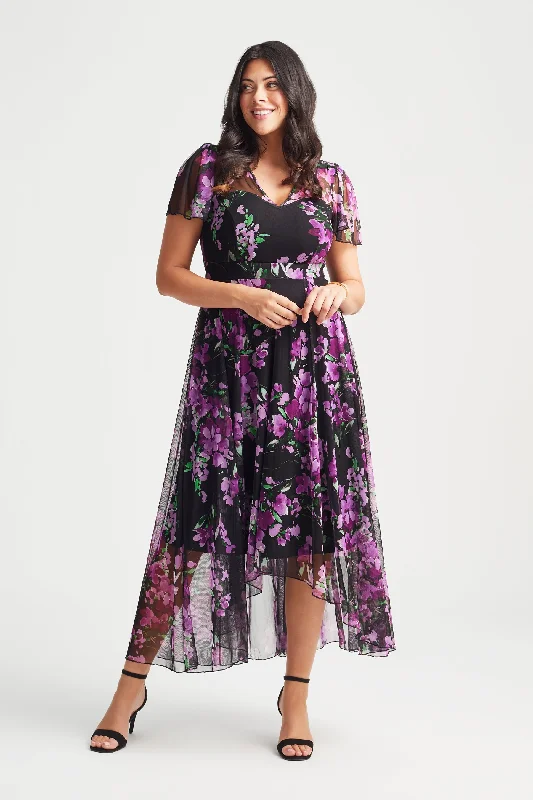 Closeout oversized dressTilly Black Purple Print Angel Sleeve Sweetheart Dress