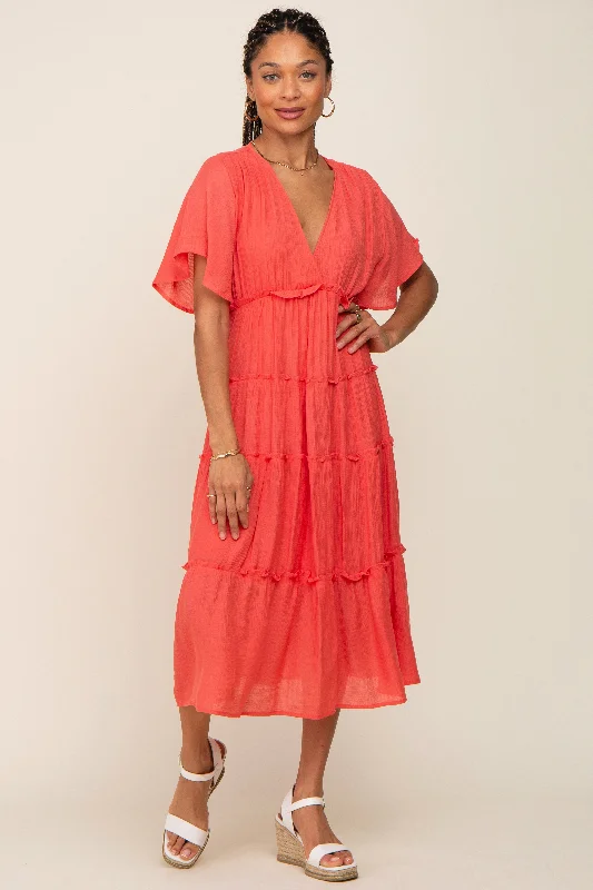 Fantastic Offers minimalistic dressCoral Ruffle Tiered V-Neck Midi Dress