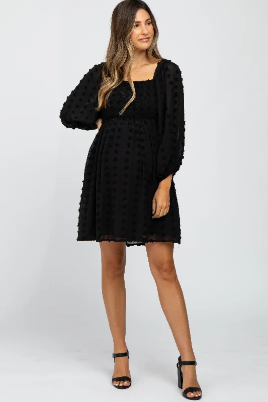 Price Drop trendy dressBlack Textured Dot Smocked Square Neck Chiffon Maternity Dress