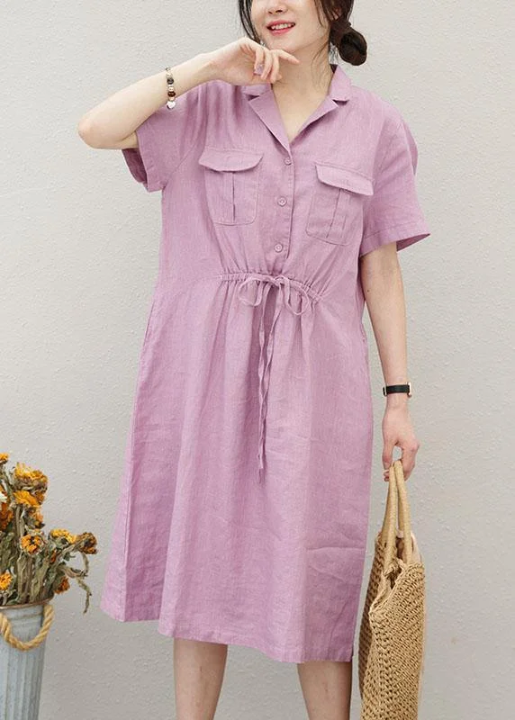 Big Savings pleated maxi dressChic purple linen clothes For Women drawstring Notched cotton summer Dress