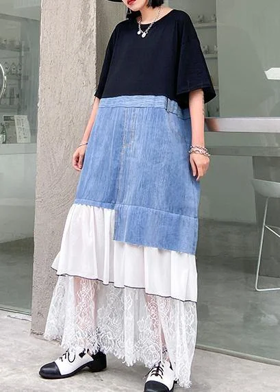 Bargain Prices chic shift dressDIY black cotton clothes Women o neck patchwork cotton robes summer Dress
